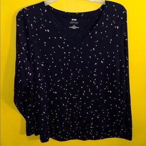 EVRI Navy Blue V-Neck Long Sleeve Top with Pink Speckle Print NWOT